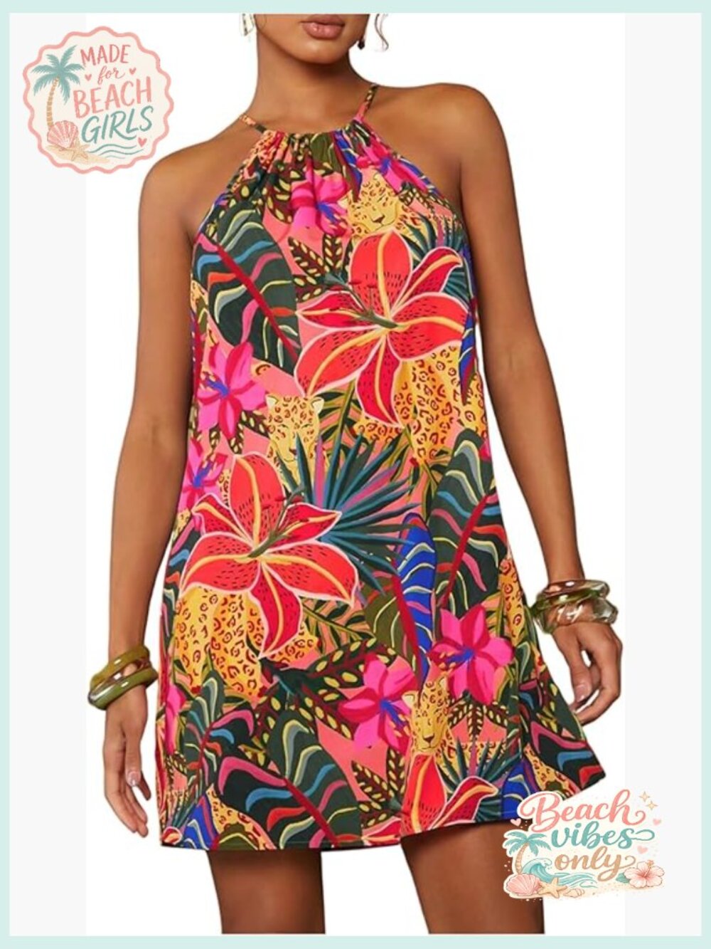 Tropical Halter Mini Dress Sleeveless Summer Vacation Sheath Pull On